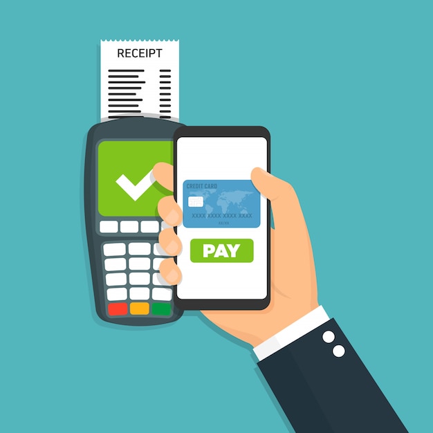 Pos terminal confirms the payment by smartphone Vector illustration.