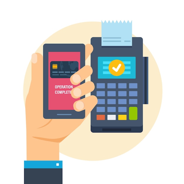 Pos terminal Financial transactions Hand presses payment button in phone