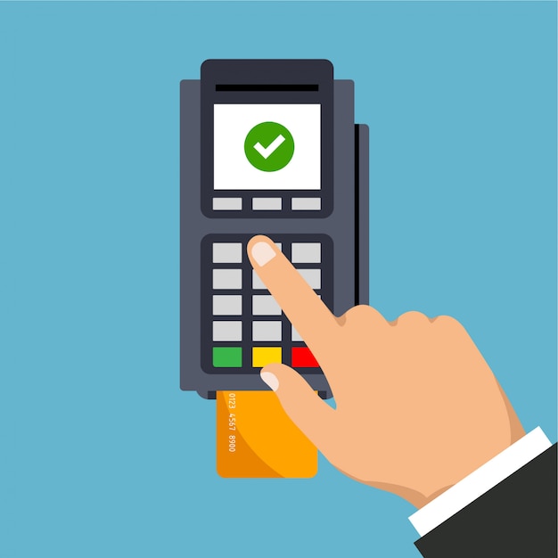 POS terminal usage. Hand pushing credit or debit card into the pos machine slot. Payment by credit card and entered PIN. illustration. Isolated.