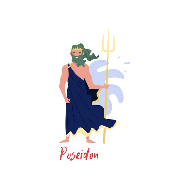 Poseidon Greek God ancient Greece myths cartoon character vector Illustration isolated on a white background