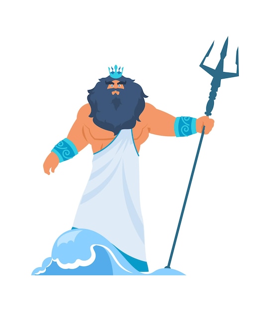 Poseidon or Neptune Greek god Bearded man in toga and crown with trident Lord of water or ocean in ancient mythology Member of Olympic pantheon Vector antique religious character