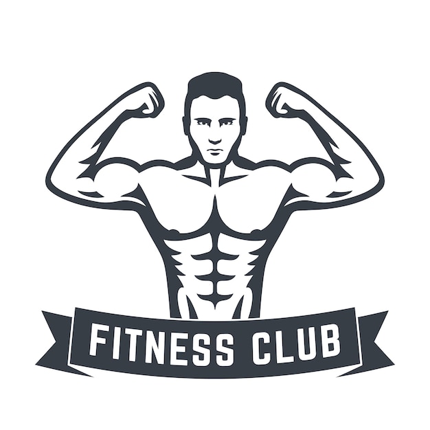 Posing athlete, strong bodybuilder, man showing his biceps, fitness club logo isolated on white