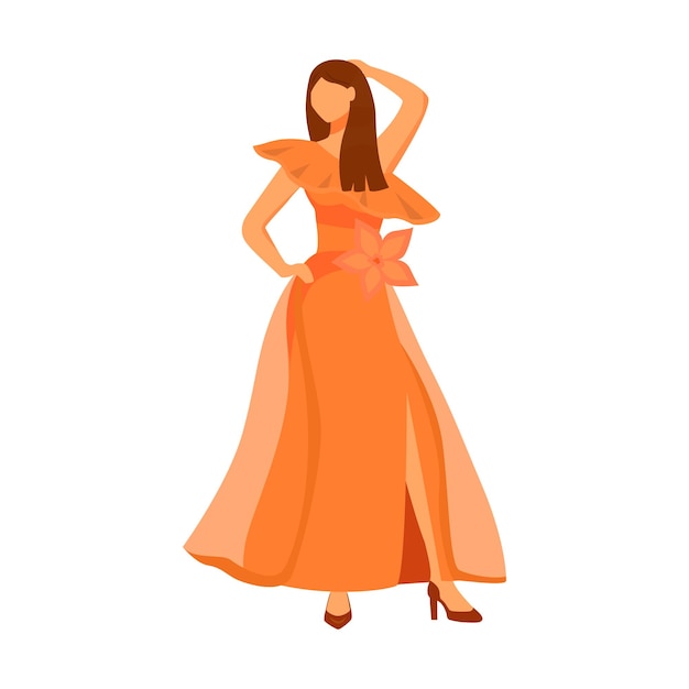 Vector posing woman wearing wavy maxi dress semi flat color vector character