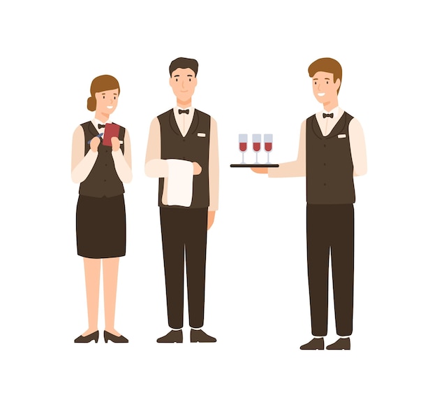 Vector positive cartoon people hotel staff standing isolated on white background. smiling man and woman waiter in uniform holding bocal of wine on tray vector flat illustration. restaurant service employee.