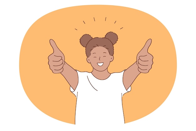 Vector positive emotions and happiness concept smiling cheerful black girl standing and showing thumbs up signs with hands vector illustration