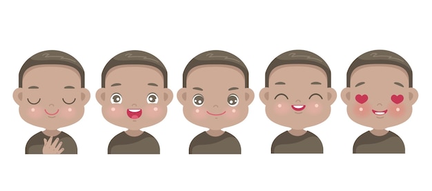 Positive emotions set of african little boy face. child expressing pride, happiness, empathy, hope, faith, joy and love