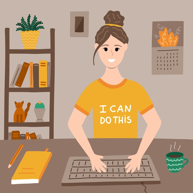 Positive girl is working before computer typing text on keyboard Modern business lifestyle or educational concept Vector illustration with beautiful young woman Office work at home or freelance