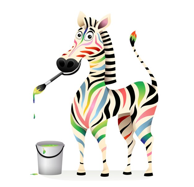 Vector positive happy colorful zebra paiting with paints and brush. psychology treatment concept animal mascot. funny humorous smiling multi color zebra design.