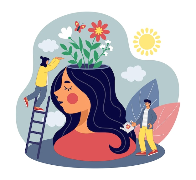 Vector positive intelligence emotions mental health concept mind growth beautiful brain healing woman app head with flowers and tiny people vector flyer design tidy cartoon flat illustration