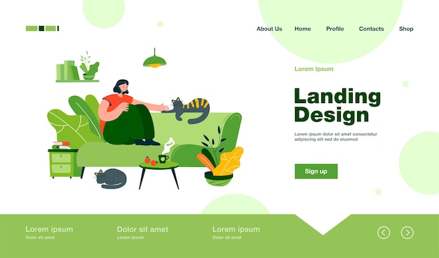 Positive lady sitting on cozy sofa with cats landing page in flat style