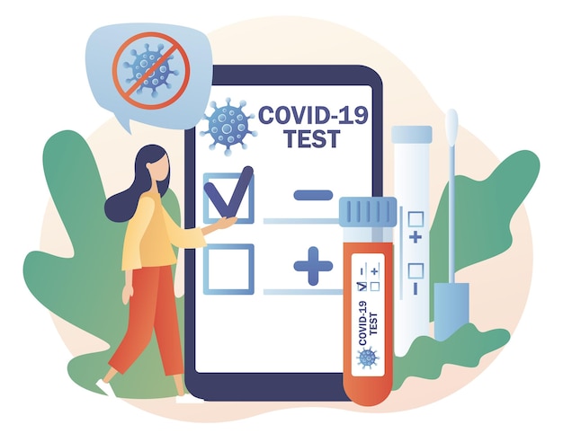 Positive or negative testing result in smartphone app. Covid-19 testing. Tiny doctor