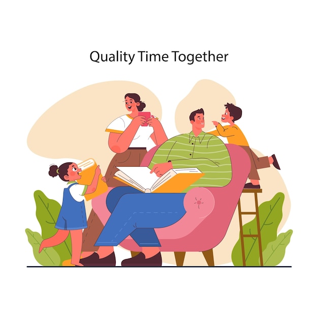 Vector positive parenting family time mother father and kids communication evening routine and daily life