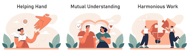 Vector positive relationships set loving family connection and friends support harmonious mutual