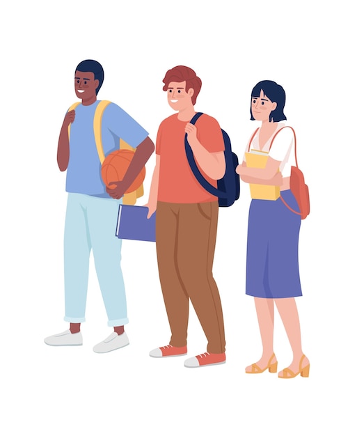 Positive students group semi flat color vector characters