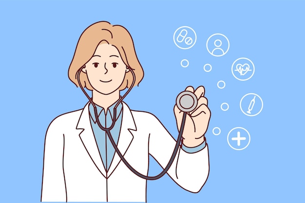 Positive woman doctor puts stethoscope to camera for health care concept Vector image