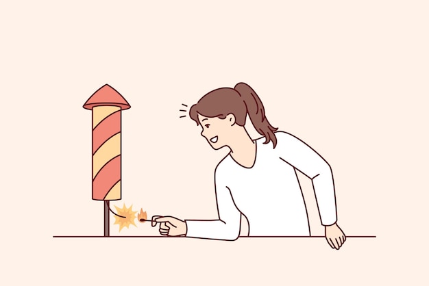 Positive woman with smile sets fire to firecracker wanting to start festive firework Vector image