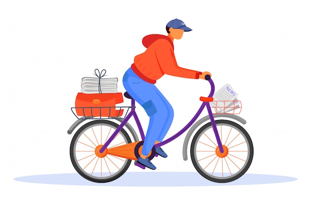 Post office male worker flat color vector illustration. Young man distributes news. Post service delivery. Daily newspaper carrier. Paperboy on bicycle isolated cartoon character 