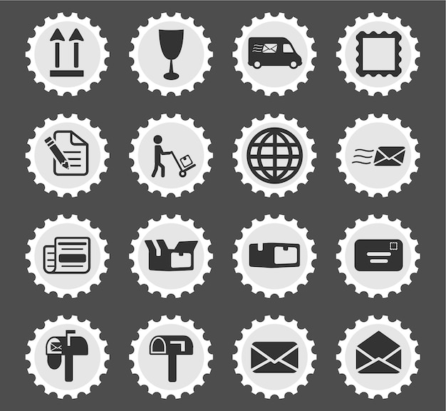 Post service icons on stylized round postage stamps