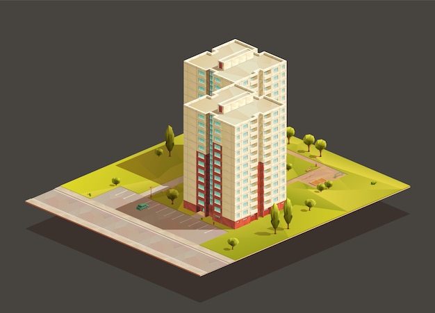 Post-soviet twins tower Block of flats isometric realistic illustration