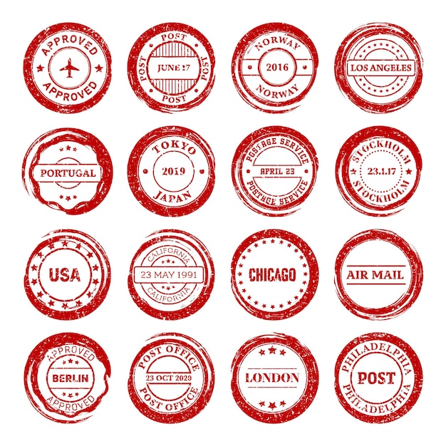 Post stamps labels and badges grunge imprints and postmarks red vintage circle postcard watermarks