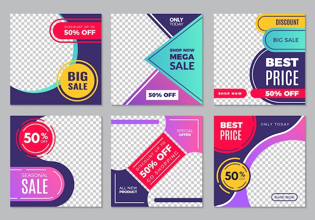 Post template. Social media ads banners with place for text abstract colored shapes vector collection. Illustration post social media, headline website page advertising