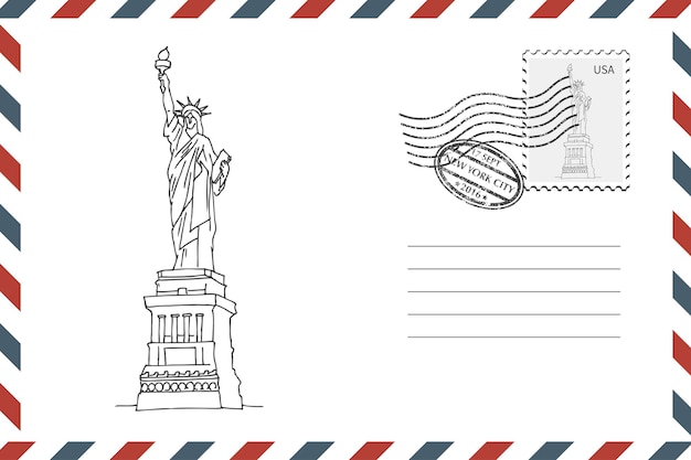 Postage Retro Envelope with hand drawn Statue of Liberty in New York. Grunge style envelope with stamp. Vector illustration