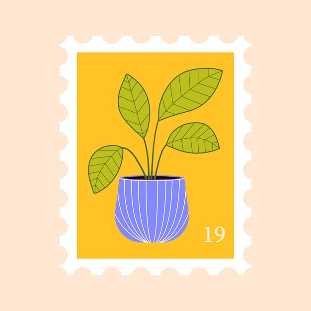 Postage stamp vector flat illustration Post mark with houseplant