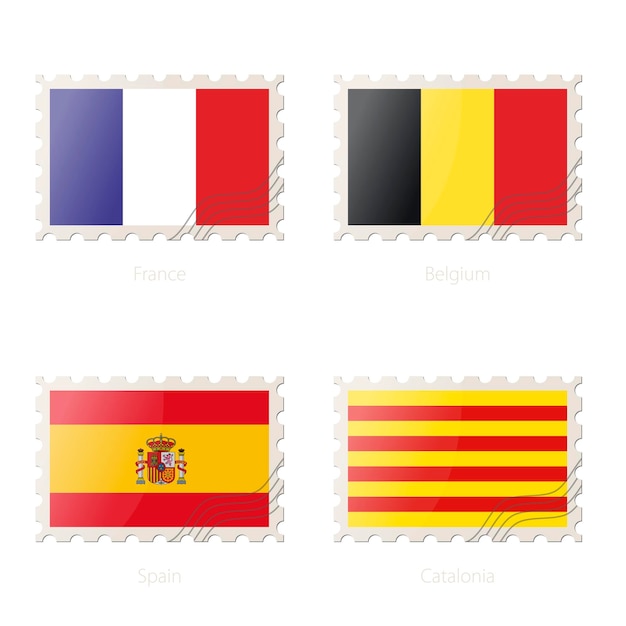 Postage stamp with the image of France Belgium Spain Catalonia flag