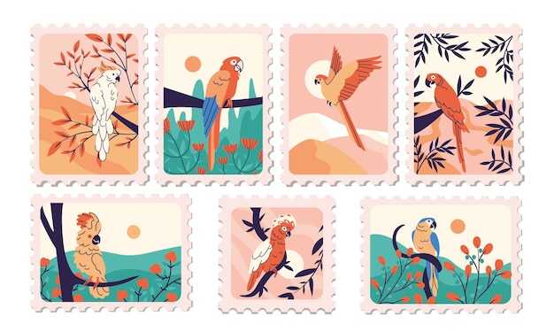 Postage Stamp with parrots in flat design