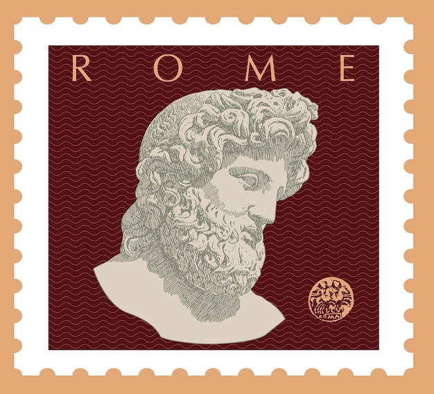 postage stamp with the Roman monument sculpture of Jupiter, made in graphic style.