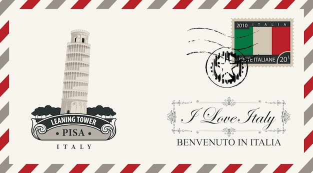 Vector postal envelope with leaning tower in pise