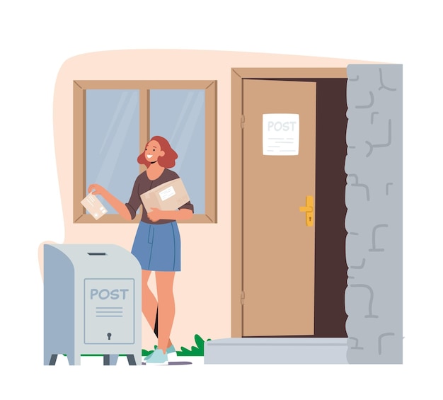 Postal Service Delivery And Shipment At Outdoor Mailbox Girl Character With Envelope and Box At Post Office