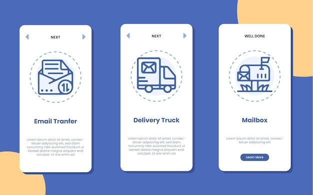 Postal service mobile app page screen Email transfer delivery truck and mailbox icon illustration