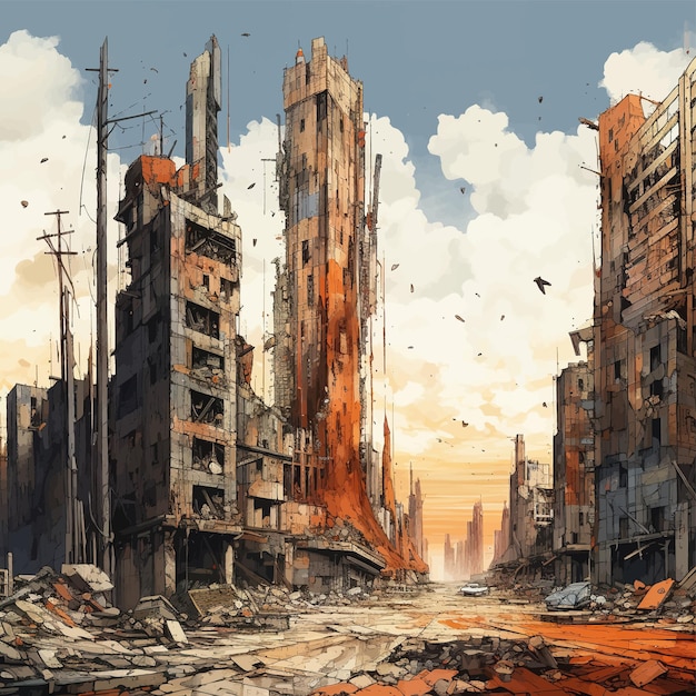 A postapocalyptic city gloomy overgrown buildings