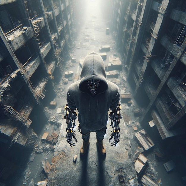 Vector postapocalyptic sentinel a cyborg in a hoodie standing on a destroyed city