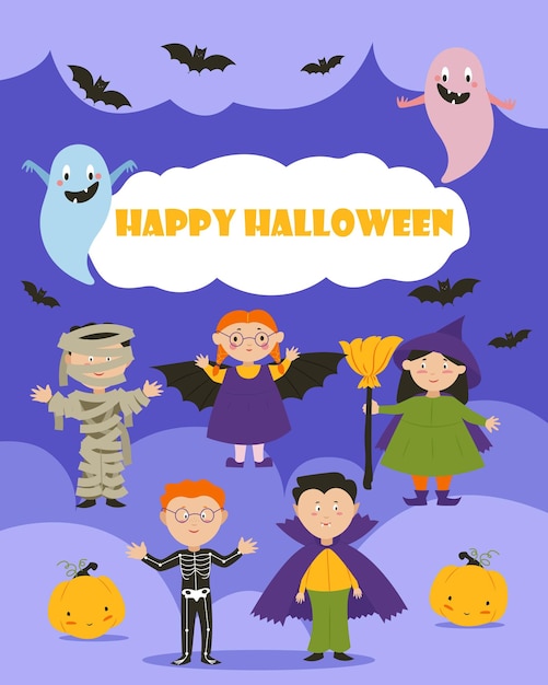 Postcard banner for Halloween Children in costumes of ghosts Vector illustration