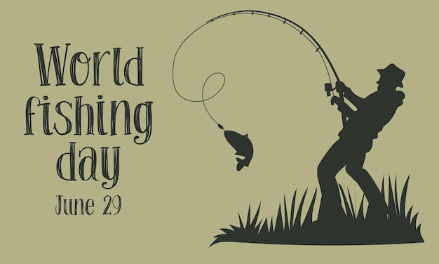 postcard for fishermans day with a silhouette of a man who caught a fish on a fishing rod Fishing