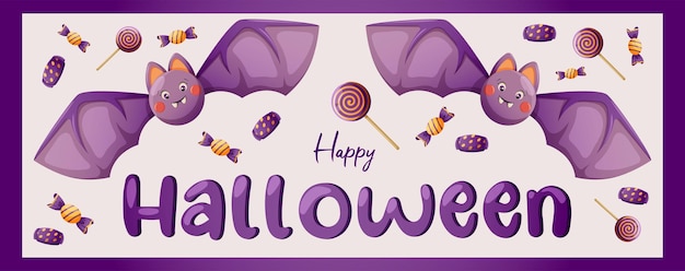 Postcard halloween banner with cute bat and candy in cartoon style