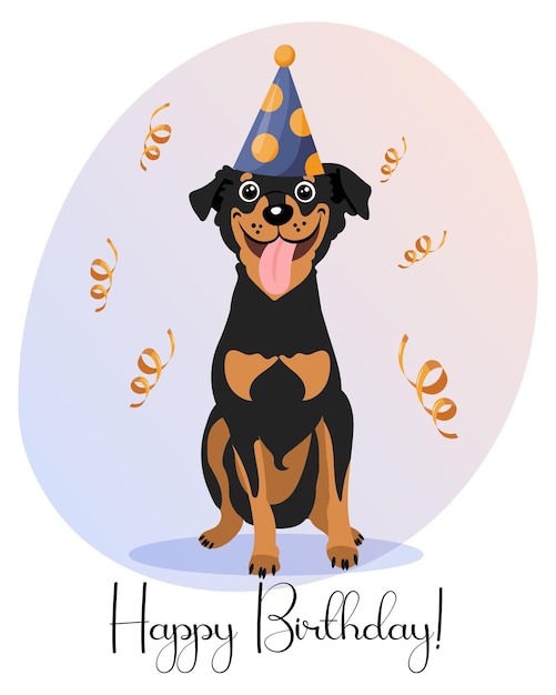 Postcard Happy Birthday, a cheerful dog in a festive cap and golden serpentines. Illustration