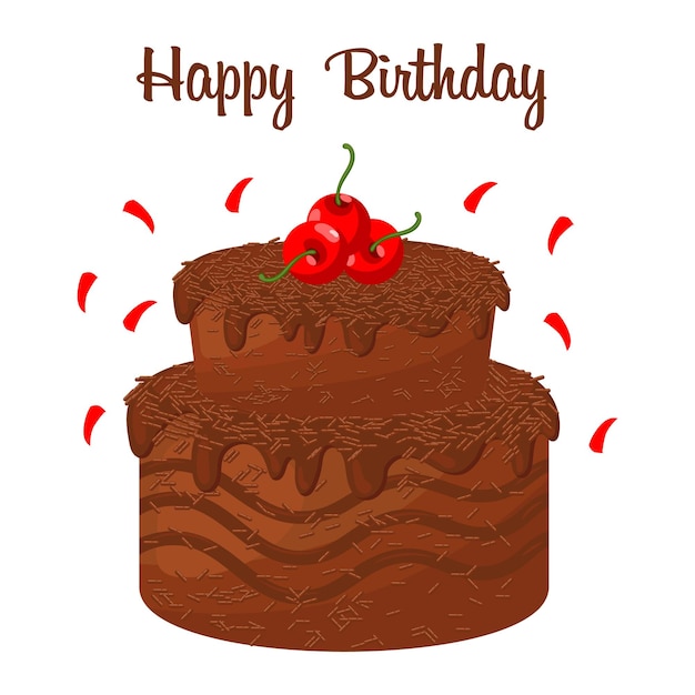 Postcard Happy Birthday, two-layer chocolate cake with cherries. Festive background, illustration