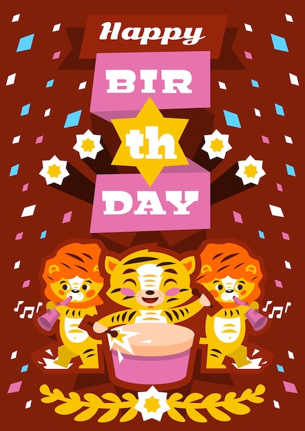 Postcard Happy Birthday with tiger cub plays drums Designed for printing invitations and congratulations Lion cub playing on flute Music Orchestra African animals Letters fireworks birds