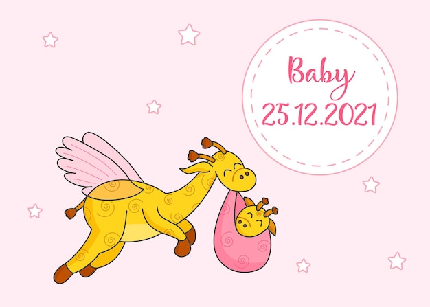 Vector a postcard for a newborn. funny flying giraffe. hello baby. congratulations on the birth of a child. birth certificate. hello world.