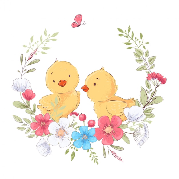 Postcard poster cute little chickens in a wreath of flowers