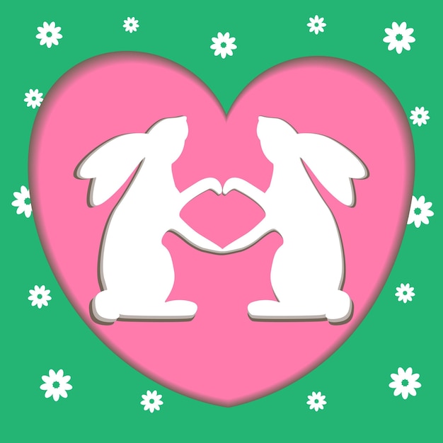 Postcard in the style of paper cut in a pink heart, rabbits make heart paws