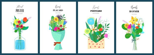 Postcard template set with abstract drawing flowers in vase floral bouquet art hand drawn placard