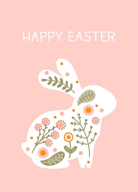 Postcard template with silhouette of Easter rabbit and flowers in gentle pastel colors Illustration spring bunny in gentle pastel colors with space for your text Vector