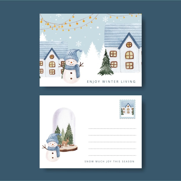 Postcard template with winter living concept,watercolor style