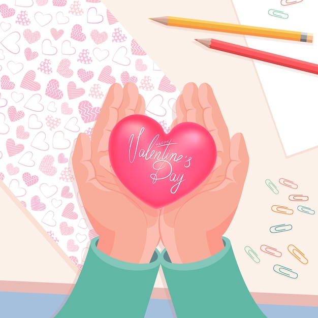 Postcard to Valentine's Day Male hands with a heart and a congratulatory inscription