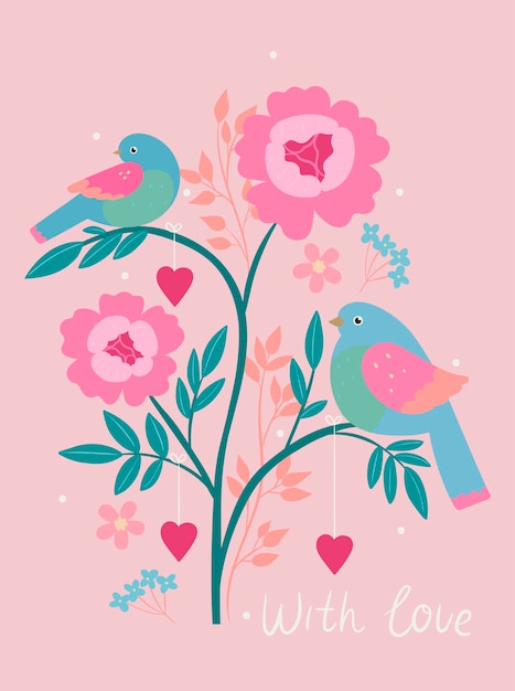 Vector postcard with birds sitting on a branch. vector graphics.