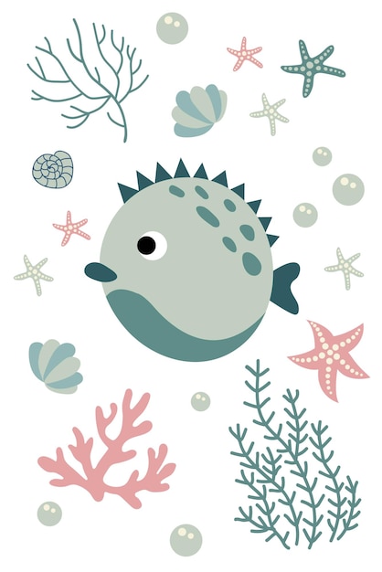 Postcard with cute hand drawn fish White background isolate Vector illustration